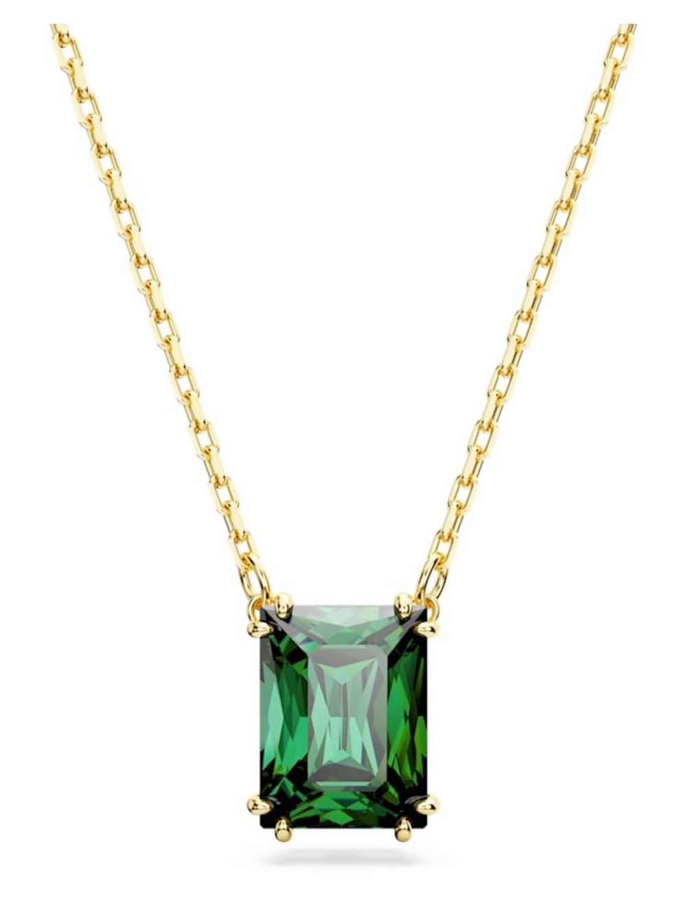 Swarovski Gold Chain Necklace with Deep Green Emerald-Cut Pendant